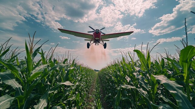 Low angle view of crop duster flying over cornfield