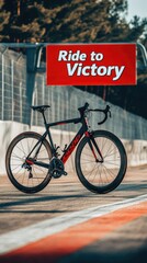 Sleek racing bicycle on asphalt track under sunny skies with motivational banner, concept of cycling sport