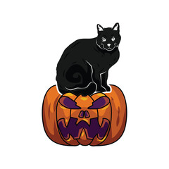 Scary pumpkin and black cat halloween sticker drawing