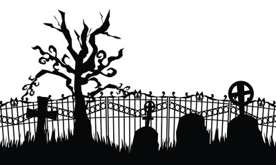 Silhouette horror cemetery with fence element decoration background graphic