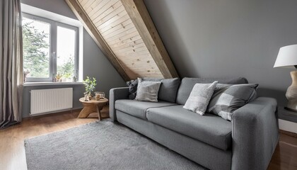 Fototapeta premium Grey attic living room interior with sofa