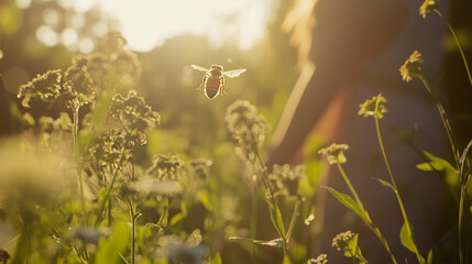 A bee flying among plants in nature with backlighting.