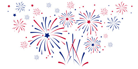 Exploding Fireworks Fourth of July. Set of fireworks with a red and blue stars and sparks . United states of america independence day fireworks. Red, blue fireworks for 4th of July .