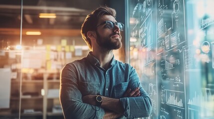 Fototapeta premium Young businessman brainstorming ideas on a glass wall in a well-designed office space, preparing for a project presentation