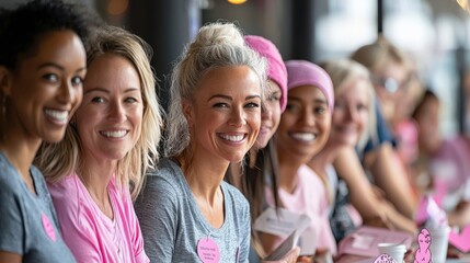 Fototapeta premium A diverse group of women at a breast cancer awareness event, receiving educational materials and learning about the benefits of regular screenings