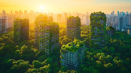 Sustainable Cityscape,  Green Buildings and Trees at Sunrise