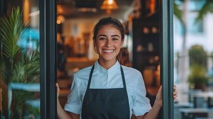 Smiling waitress standing at the coffee shop entrance, holding the doors open for customers