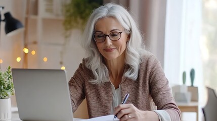 Pretty mature woman engaged in an online course, taking notes and watching a webinar on her laptop