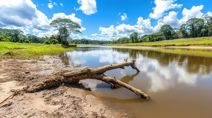 Tranquil Lakeside Landscape with Reflection of Forested Shoreline and Cloudy Sky