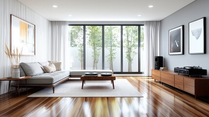 A family room filled with classic 1960s decor, including a sleek low-profile sofa, a record player on a teak console, and large windows with simple curtains