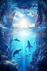 Obraz premium Panoramic dreamscape, fantasy worlds collide with underwater realms, surreal luminescence cascades throughout