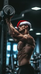 Naklejka premium Fit muscular man in santa hat lifting weights in a gym setting, showcasing strength and holiday spirit in fitness concept.