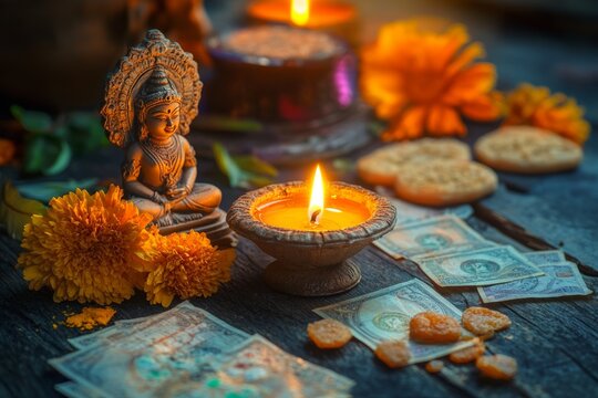 Diwali night with oil lamp, sweets, crackers, dry fruits, marigold, and goddess laxmi statue.