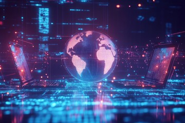 Digital globe glowing with data connections in a high-tech environment.
