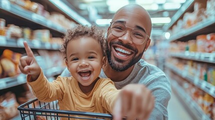 Fototapeta premium A father pushing a shopping cart with his young child sitting inside, happily pointing at items in the grocery store, capturing the modern role of fathers in everyday parenting tasks