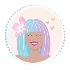 Happy woman face with smile, vector gradient sign, lady with bob haircut and flower in hair, round colorful illustration