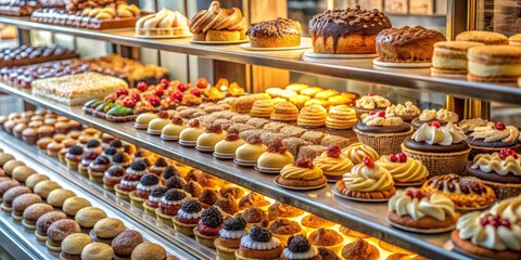 Fototapeta premium A Showcase of Delicious Pastries From Cream Puffs to Cakes, a Feast for the Eyes, Bakery, Pastries