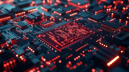 Obraz premium Abstract close-up view of a circuit board with red lights and intricate patterns.