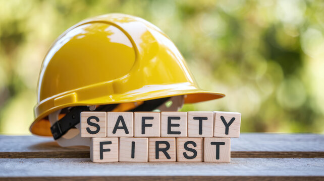 A yellow hard hat with the word safety written on it. The letters are made out of wooden blocks