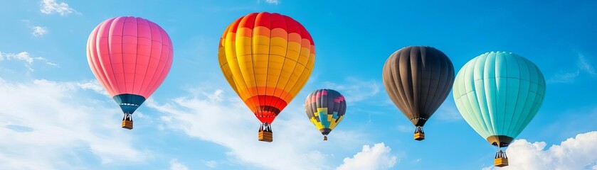 An array of colorful hot air balloons floating in a whimsical sky from a worms-eye view angle with a dreamlike, watercolor aesthetic