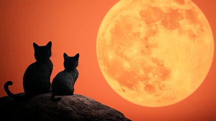 Black cats and witches  brooms, orange full moon background, 3D illustration
