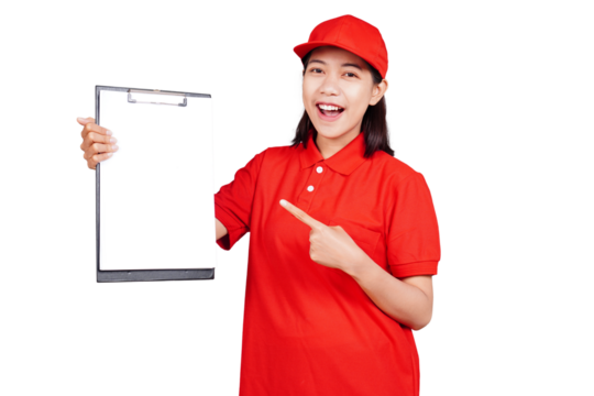 Delivery woman holding a clipboard isolated transparent