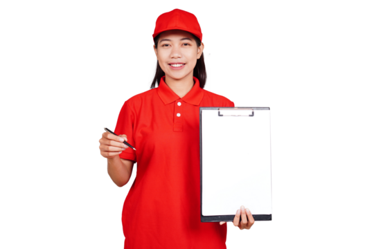Delivery woman holding a clipboard isolated transparent