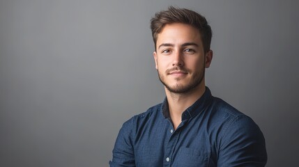 Obraz premium Employee headshot in a studio, standing confidently with a clean, neutral backdrop