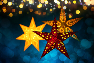 Hanging Christmas lantern stars with abstract blurred lights. Three illuminated ornamental pieces on dark blue background with festive bokeh highlights