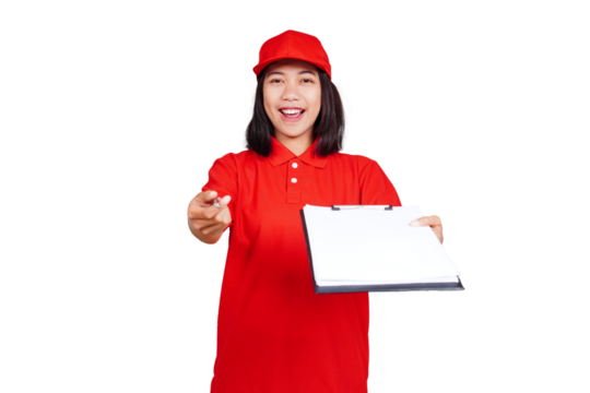 Delivery woman holding a clipboard isolated transparent