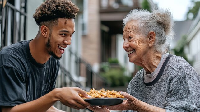 A friendly delivery person chatting with a senior woman as they hand her a meal, emphasizing the personal relationships and community care fostered by the program