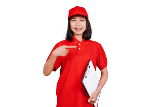 Delivery woman holding a clipboard isolated transparent