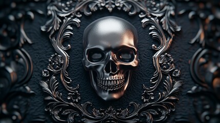 Fototapeta premium A silver skull sits in a ornate silver frame against a dark background.