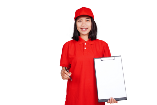 Delivery woman holding a clipboard isolated transparent