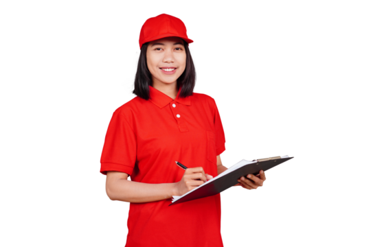 Delivery woman holding a clipboard isolated transparent