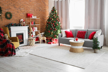 Interior of living room with sofa, fireplace and Christmas trees