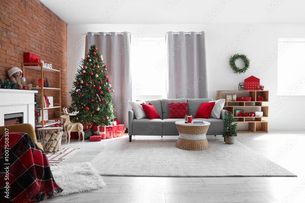 Canvas Prints Interior of living room with sofa, shelf units and Christmas trees