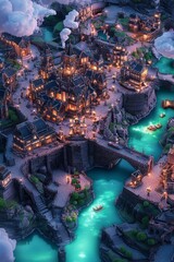 Aerial view of a fantasy city at night