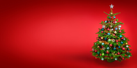 Gorgeous decorated Christmas tree on a wide red background. A stylish simple design with lots of free space for your visual elements