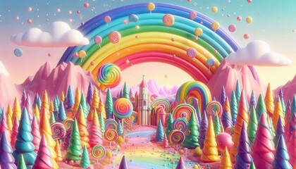 Obraz premium A whimsical, colorful landscape featuring rainbows, candy, and vibrant trees.