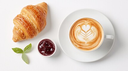 Coffee and Croissant with Jam on White Background
