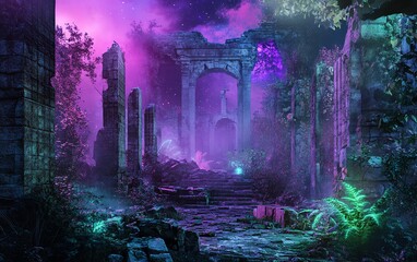 Mystical ruins with purple glow
