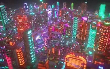 Obraz premium High-angle view, vibrant cityscape, animals interacting with futuristic technologies, glowing neon lights, bustling urban life
