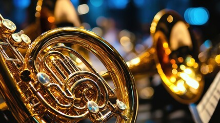 A visually engaging flashcard for the French horn, prominently featuring its name at the top in bold, elegant typography. In the center, an artistic image of the French horn captures its distinctive 