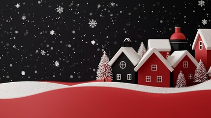 Naklejka premium Festive winter village scene with snowflakes and colorful houses on a dark background.