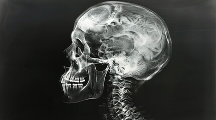 X-Ray Image of a Human Skull and Cervical Spine