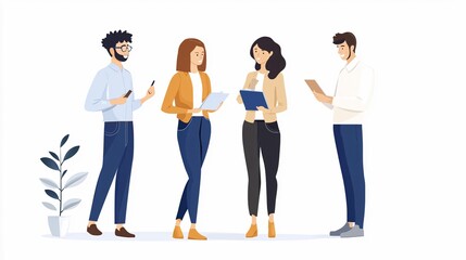 Obraz premium Four professionals engage in discussion, utilizing devices and documents, amidst a modern workspace setting.