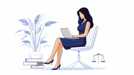 A professional woman sits at a stylish chair, working on a laptop, surrounded by plants and books, with a scale symbolizing justice nearby.