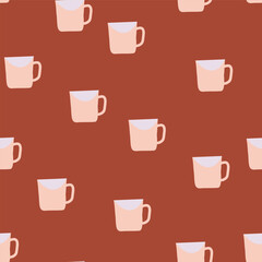 Seamless pattern with tea cups, mugs and tea bags on Brown background. Hand drawn cartoon-dishes. Tea Party Vector illustration. Perfect for fabric, wallpaper and children's projects.