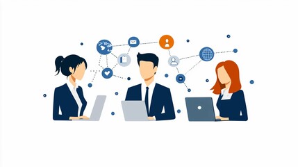 Three professionals collaborate using laptops, surrounded by digital communication icons, symbolizing teamwork and technology in a business environment.